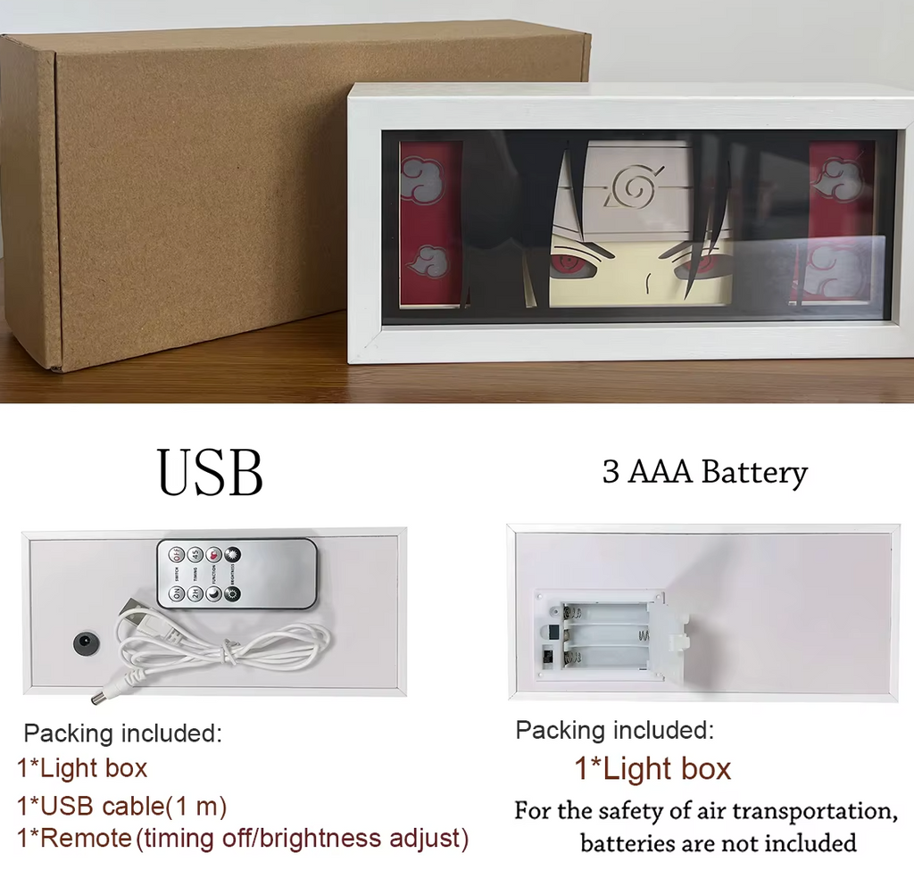 Packaging contents - LED light frame with kraft paper box, USB cable and remote control